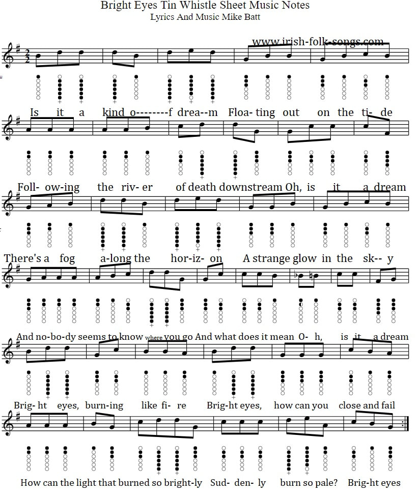 Bright Eyes sheet music notes for tin whistle