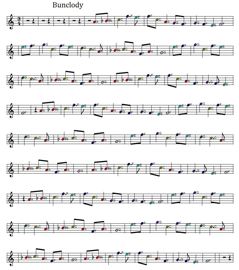 Bunclody sheet music score with letter notes