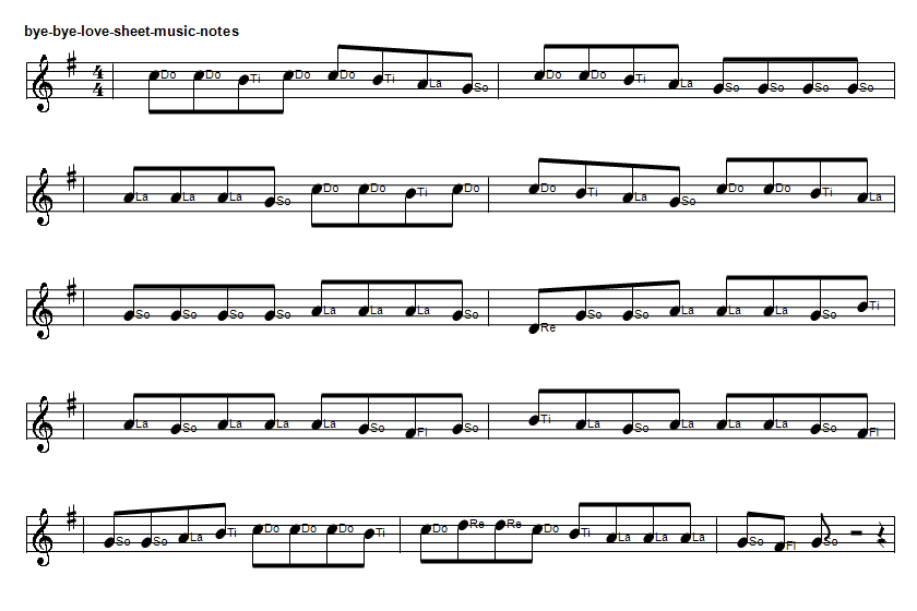Bye Bye love easy piano sheet music notes in solfege