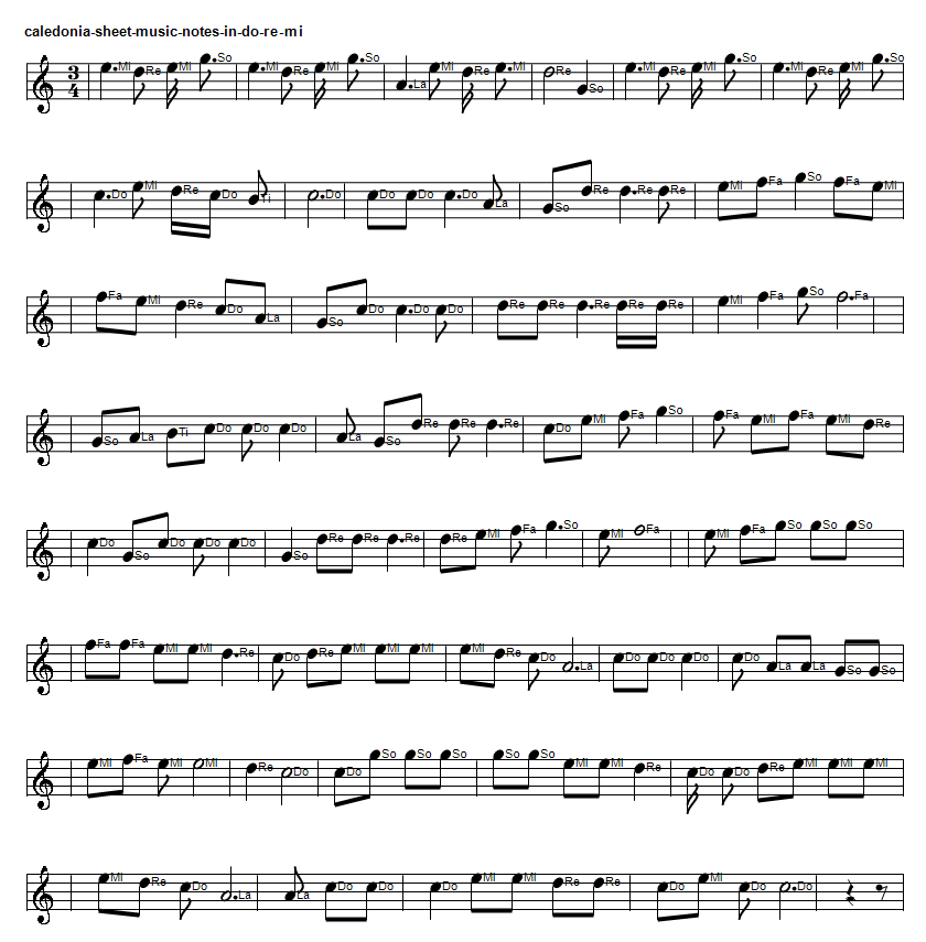 Caledonia sheet music notes in Do Re Mi solfege