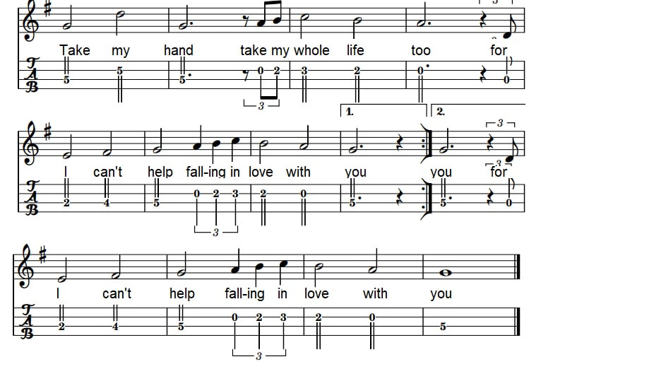 Cant Help Falling In Love With You Fiddle Sheet Music Tab Finger Position on strings