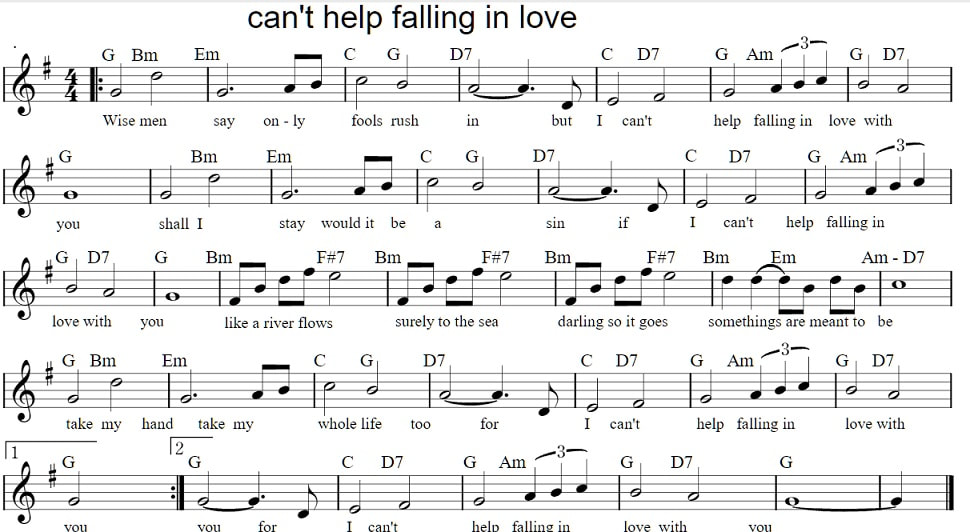 Can't help falling in love with you sheet music in G Major