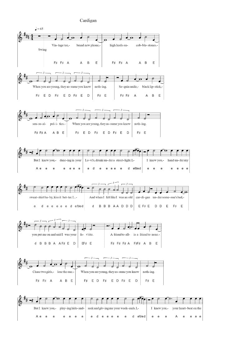 Cardigan Piano Letter Notes by Taylor Swift