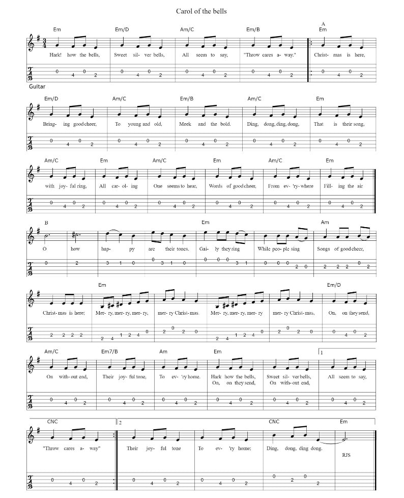 Carol of the bells guitar tab fingerstyle with chords