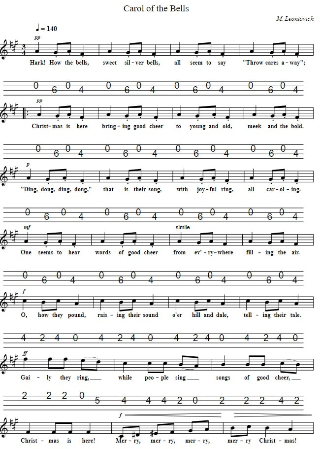 Carol Of The Bells mandolin sheet music tab