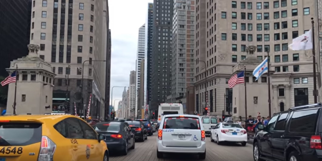 Chicago City Centre showing high buildings street and traffic