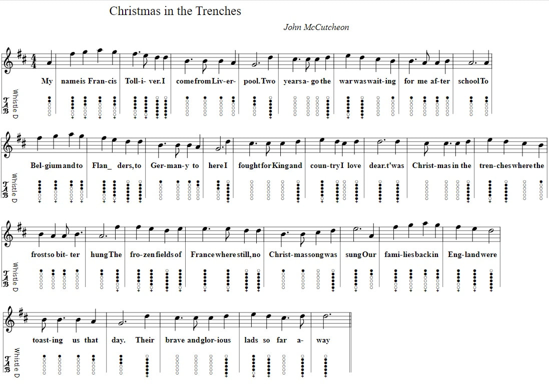 Christmas in the trenches tin whistle tab in D