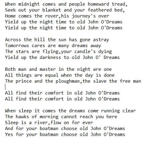 Christy Moore lyrics for John O'Dreams