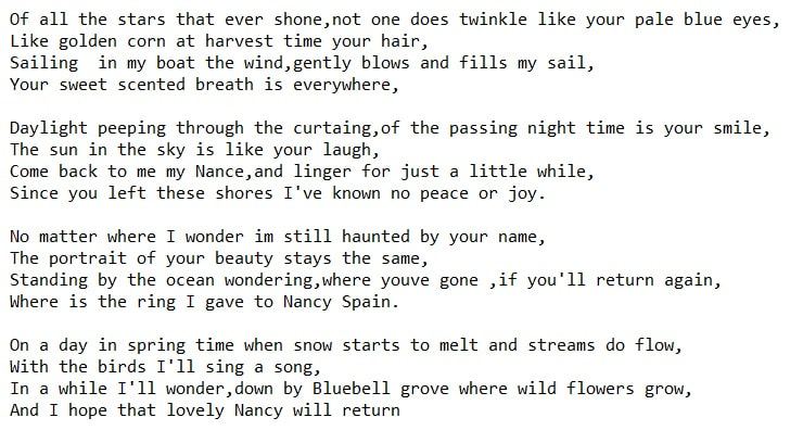 Christy Moore lyrics Nancy Spain