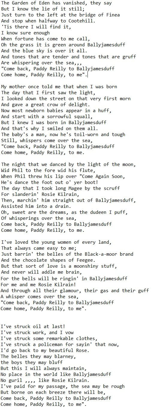 come back Paddy Reilly to Ballyjamesduff lyrics