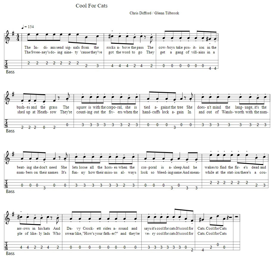 Cool for Cats bass guitar tab by Squeeze