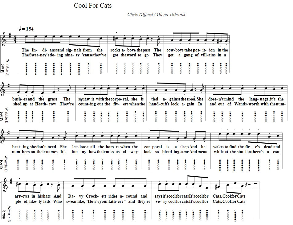 Cool For Cats Tin Whistle Notes By Squeeze