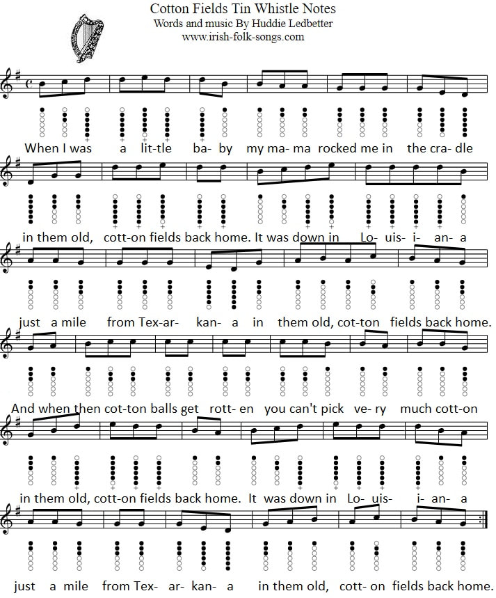 cotton fields back home sheet music tab / notes in G Major