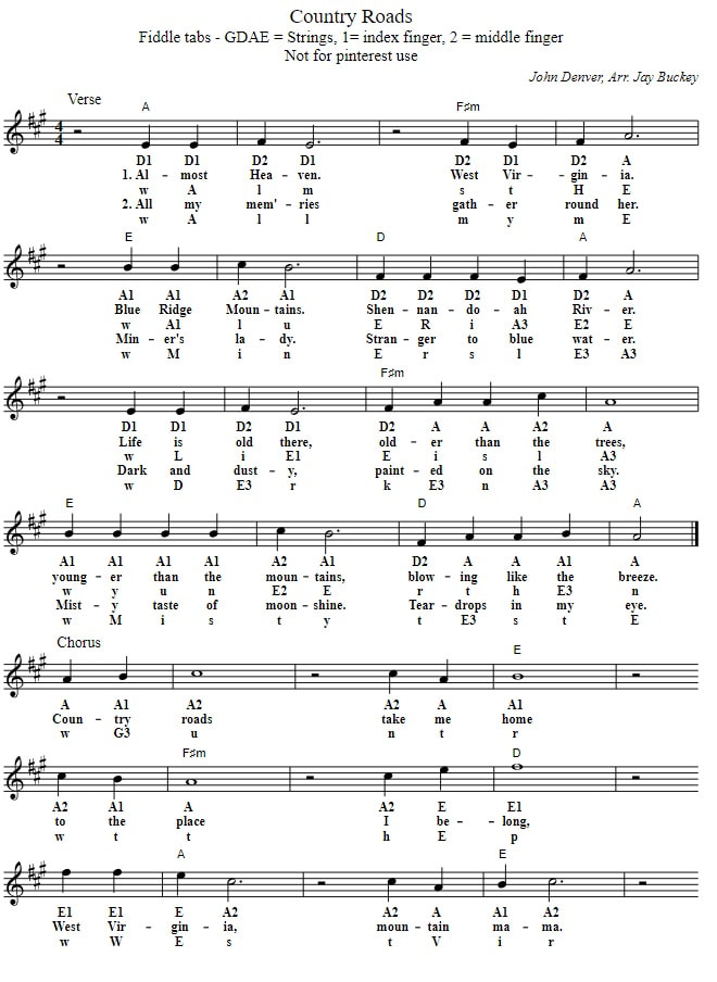 Country roads violin sheet music tab for beginners