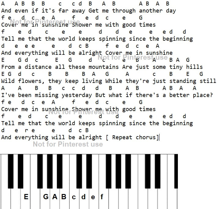 Cover me in sunshne piano keyboard letter notes
