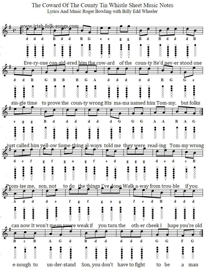 The Coward Of The County Sheet Music For Tin Whistle