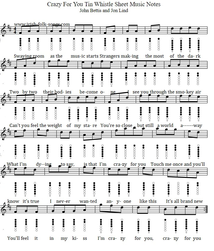 Crazy For You sheet music tab notes by Madonna for tin whistle