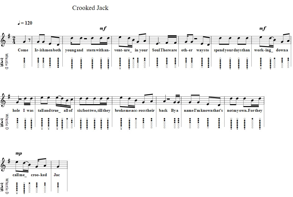Crooked Jack tin whistle tab