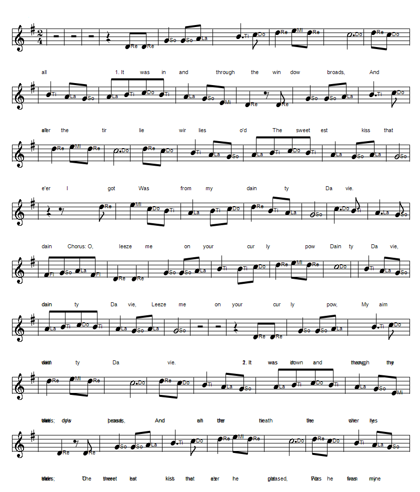 Dainty Davie folk song sheet music notes in solfege