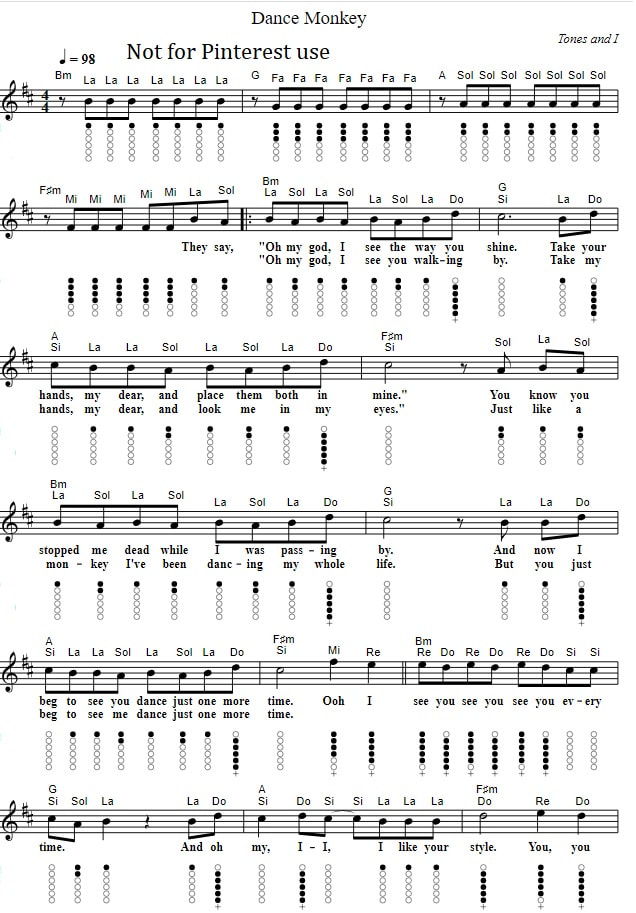 Dance monkey easy sheet music and tin whistle notes by Tones And I