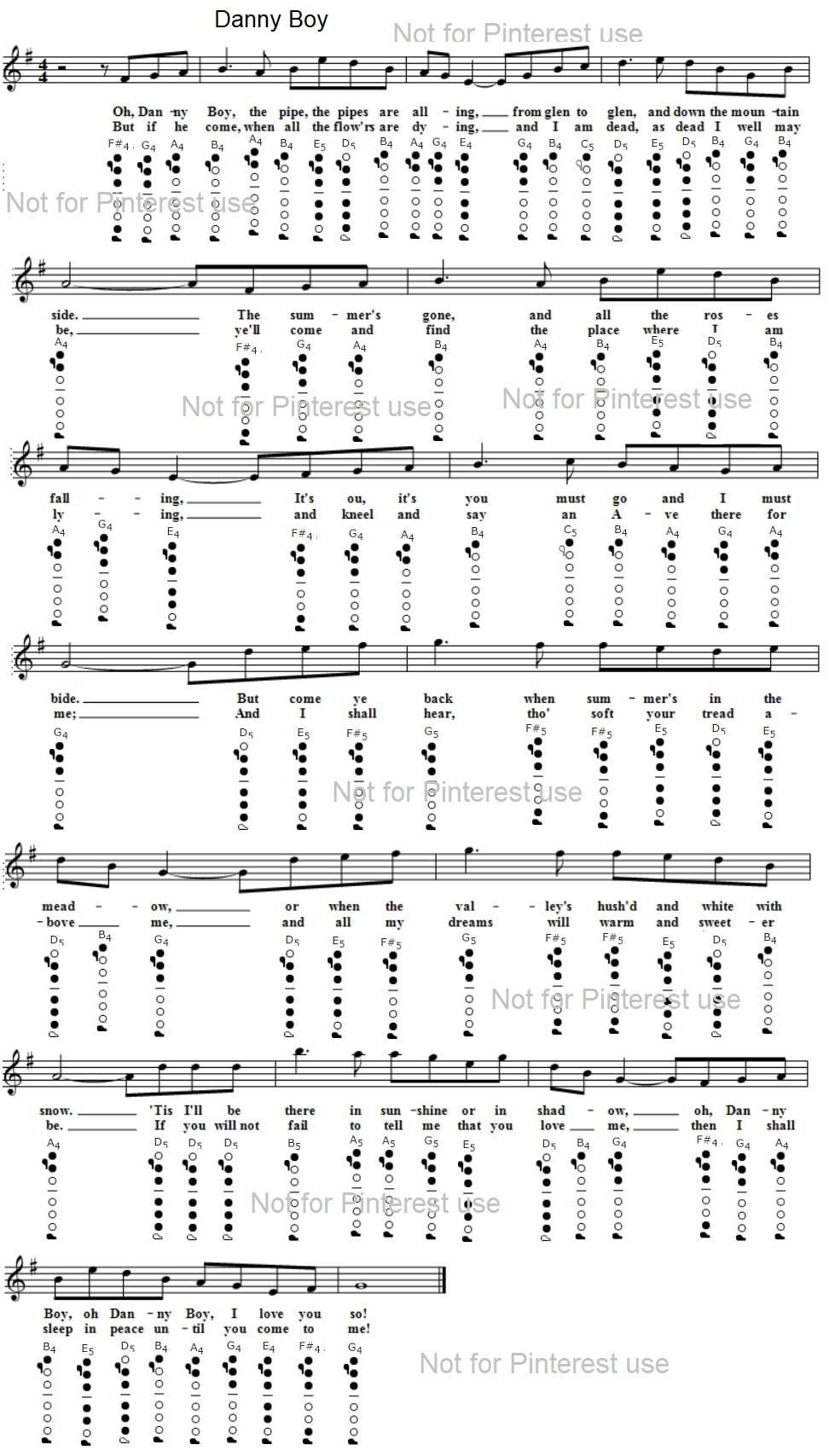 Danny Boy easy flute sheet music notes for beginners