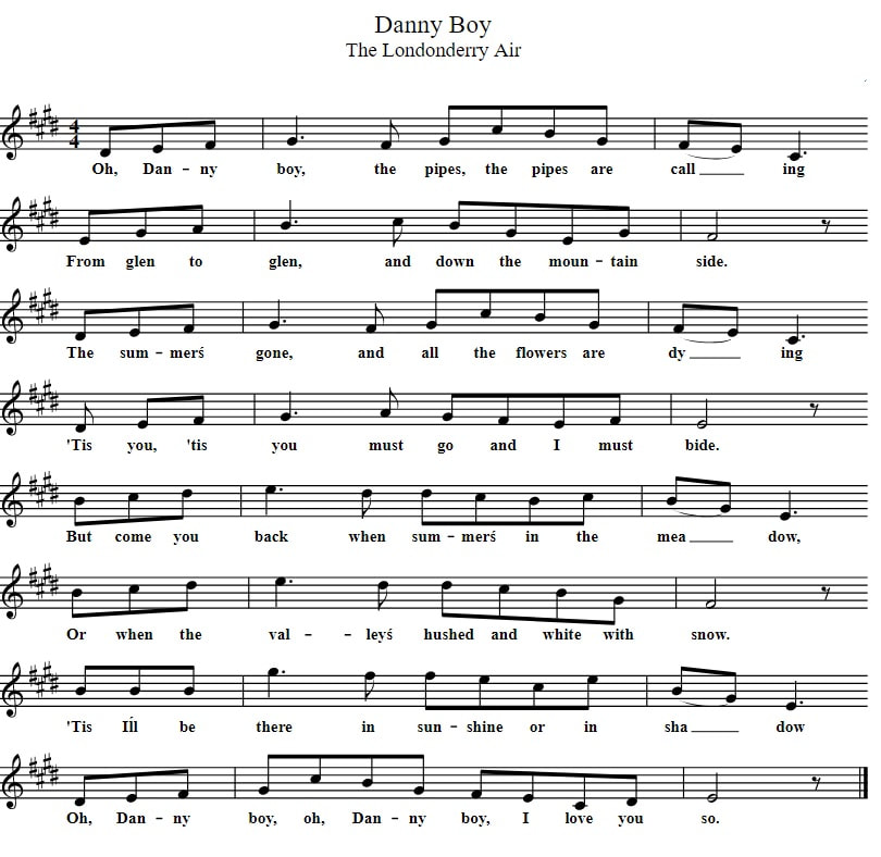 Danny boy sheet music notes in the key of E Major