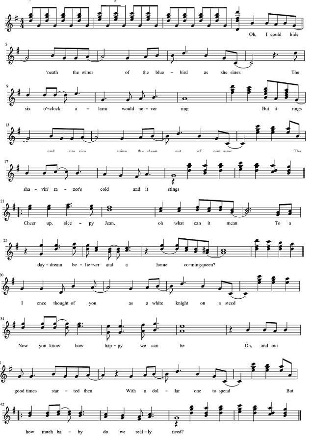 Daydream Believer sheet music score in the key of G Major for Piano