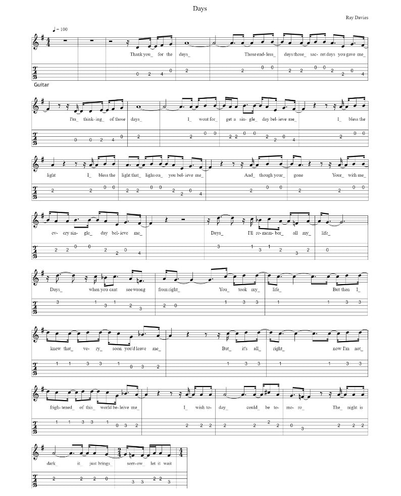 Days fingerstyle guitar tab by The Kinks