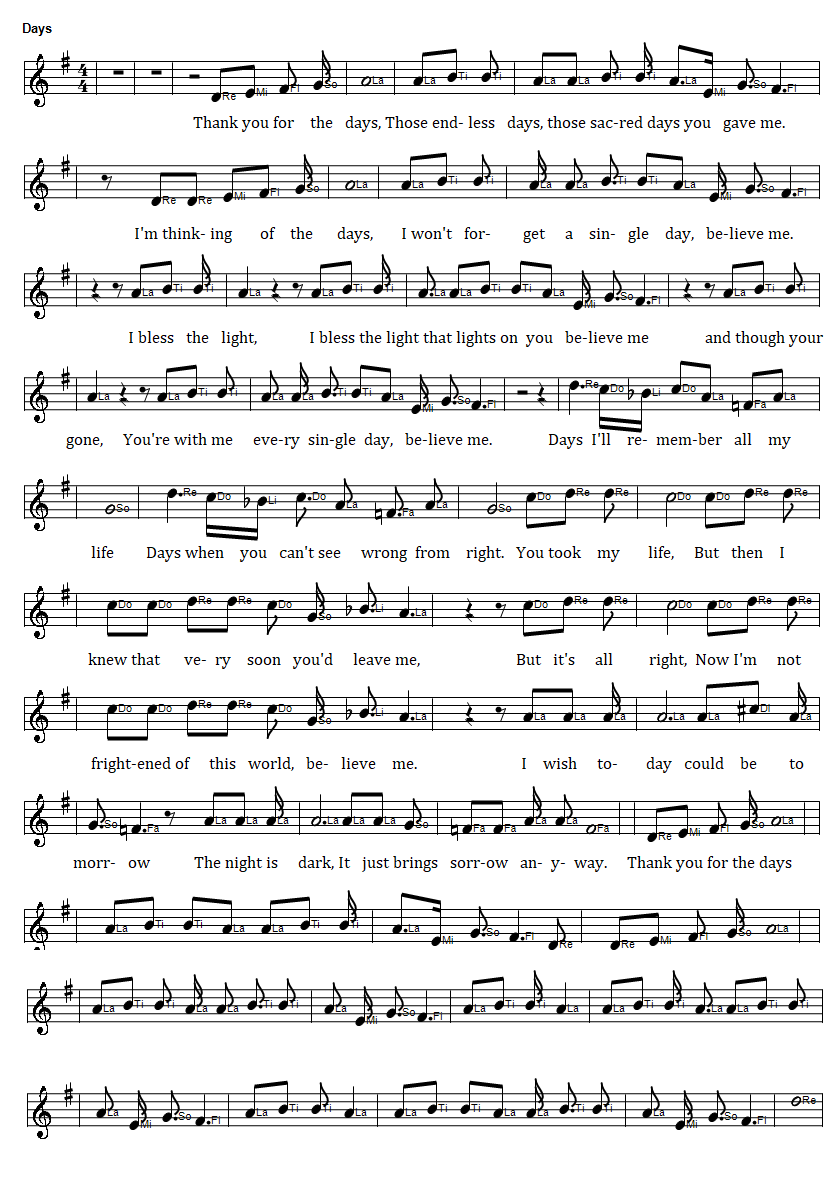 Days The Kinks sheet music notes in solfege do re mi format