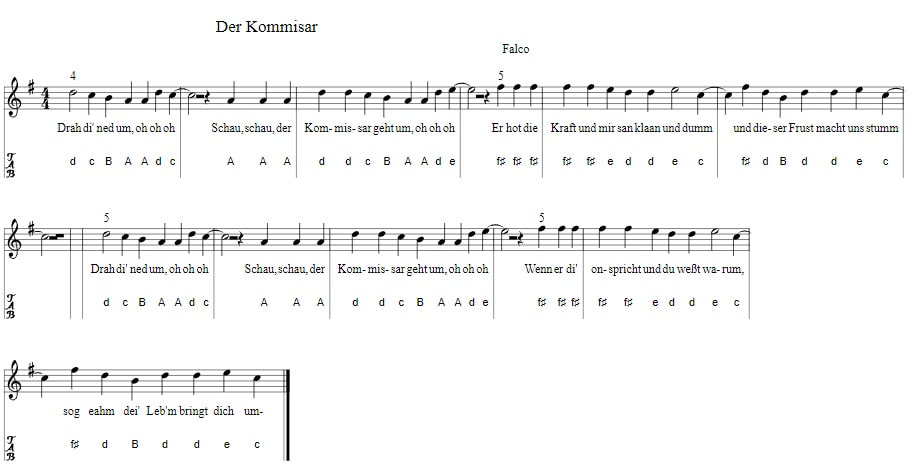 Der Kommissar Piano Letter Notes By Falco