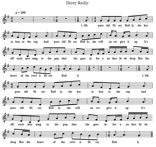 Dicey Reilly sheet easy music in G Major
