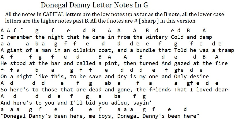 Key of G Major letter notes for Irish folk song Donegal Danny 