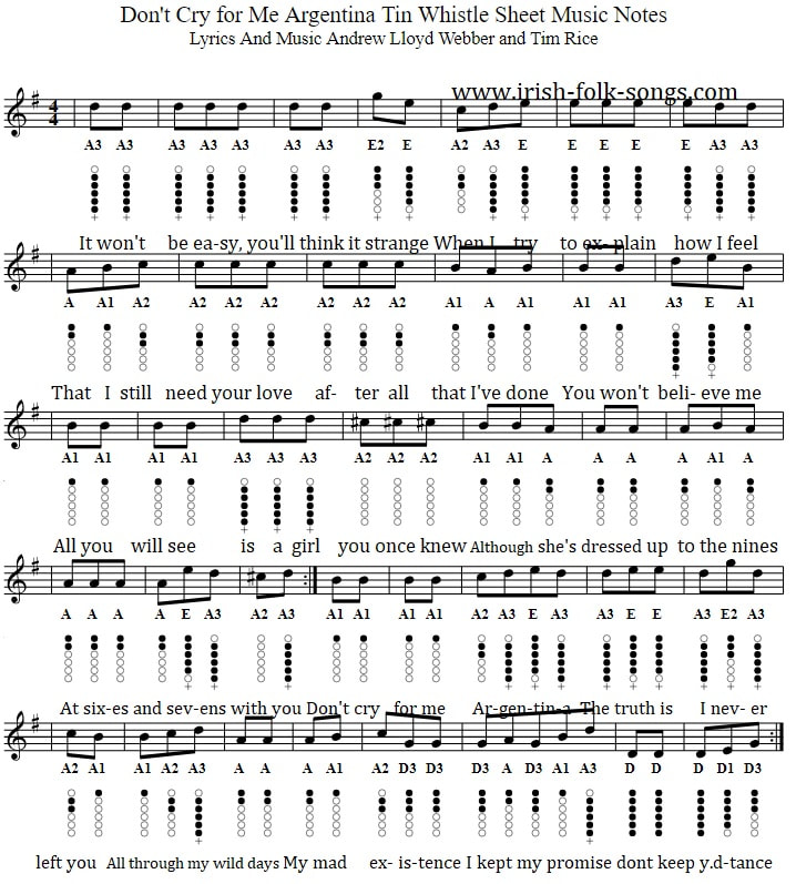 Dont Cry For Me Argentina Tin Whistle Sheet Music