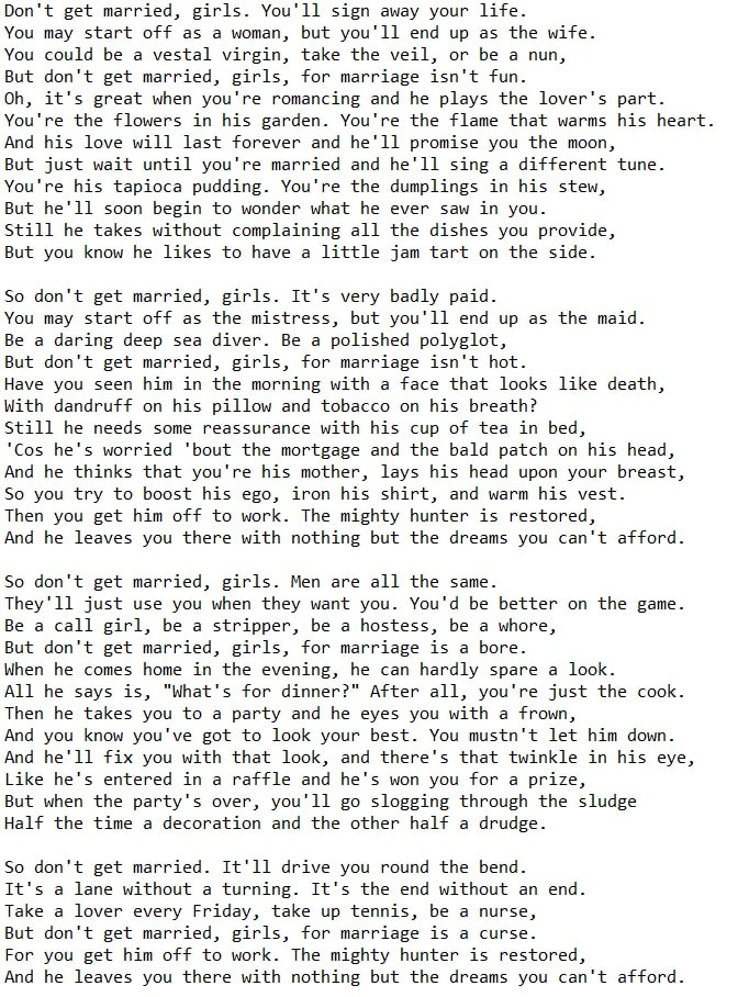 Don't get married girls lyrics by The Dubliners