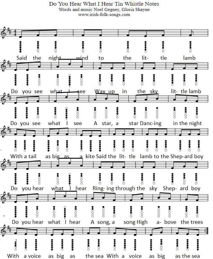 Do you hear what I hear sheet music notes for the tin whistle