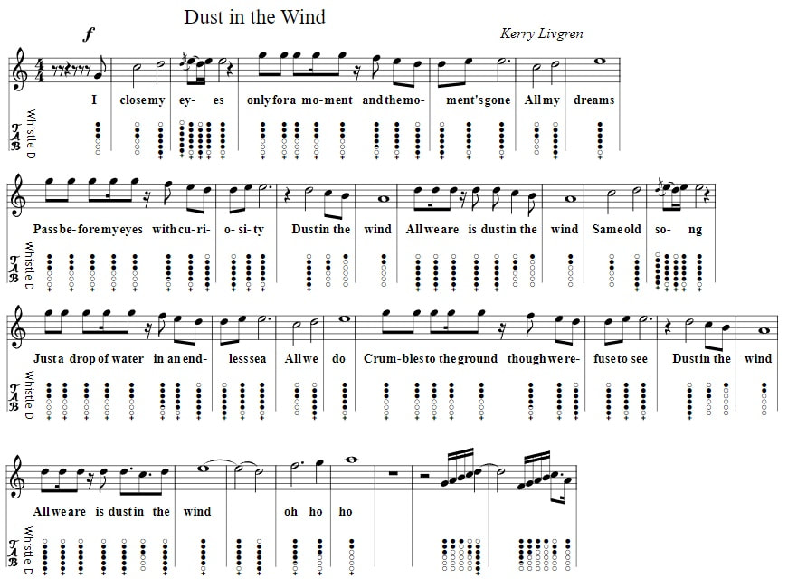 Dust In The Wind Sheet Music And Tin Whistle Notes