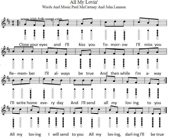 All my loving sheet music tab for tin whistle