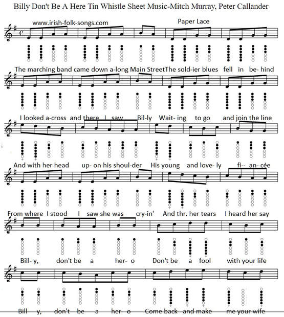 Billy don't be a hero sheet music for tin whistle