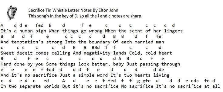 Letter notes for Sacrifice for the tin whistle