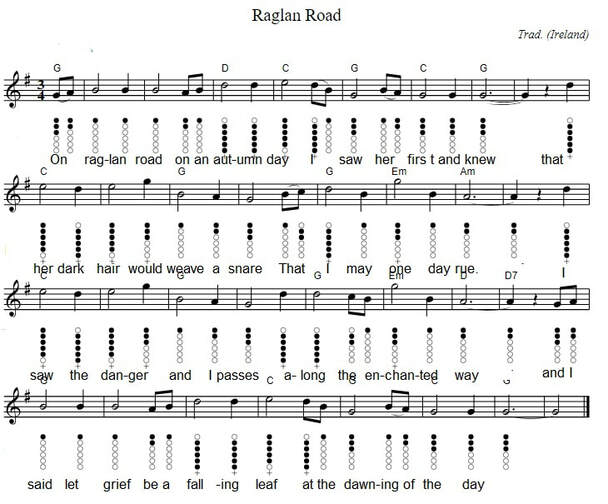 Raglan Road sheet music notes in the key of G Major with the song words