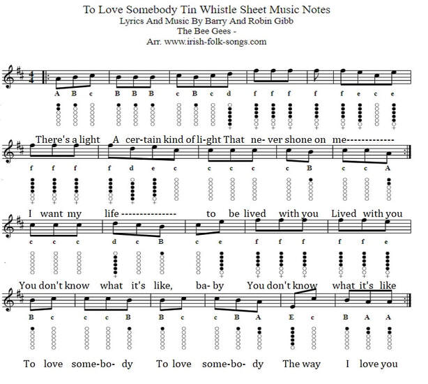 To Love Somebody The Bee Gees Tin Whistle Sheet Music Notes