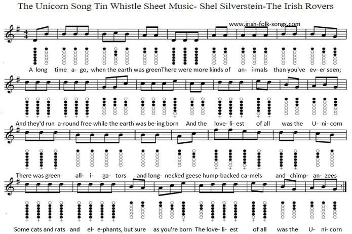 The Unicorn Song Sheet Music For Tin Whistle