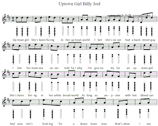 uptown girl tin whistle sheet music notes