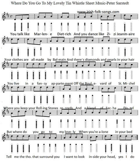 Where do you go to my lovely sheet music for tin whistle