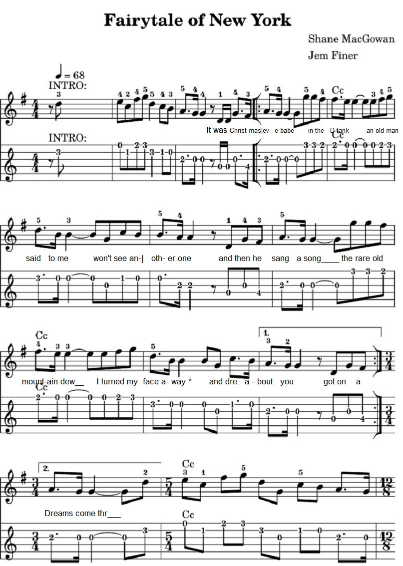 Fairytale of New York fingerstyle guitar tab by The Pogues