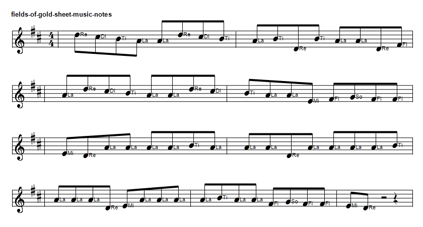 fields of gold sheet music notes in D major in solfege format