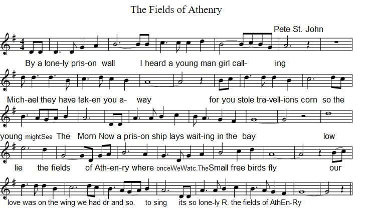 The fields of Athenry piano sheet music in the key of G Major for piano