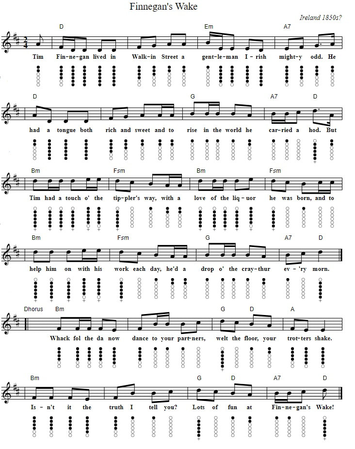 Finnegans wake sheet music and tin whistle notes in D Major