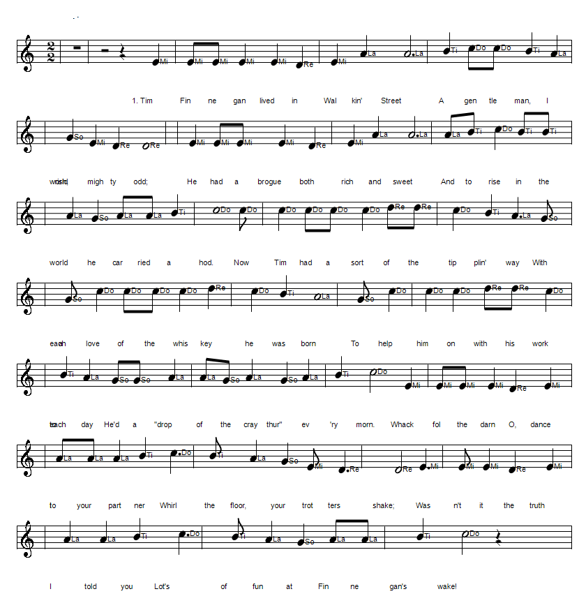 Finnegans wake sheet music notes for Irish folk song in Do Re Me solfege format