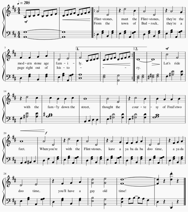 The Flintstones theme song sheet music in D Major